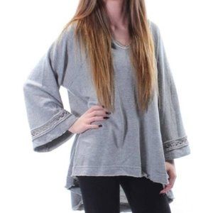 Free People Gray Bell Sleeve Crochet Sweatshirt